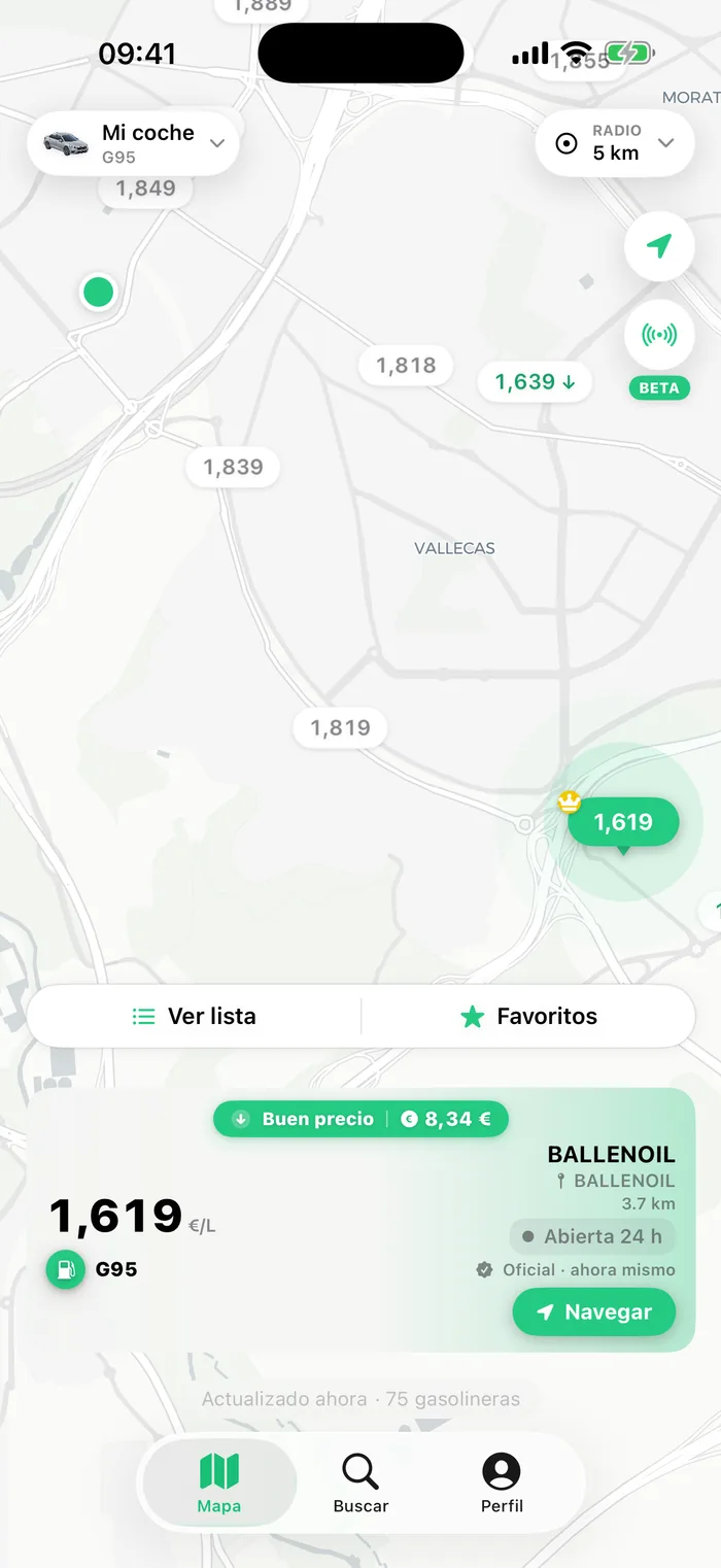 Mapa de Refil con la más barata en verde